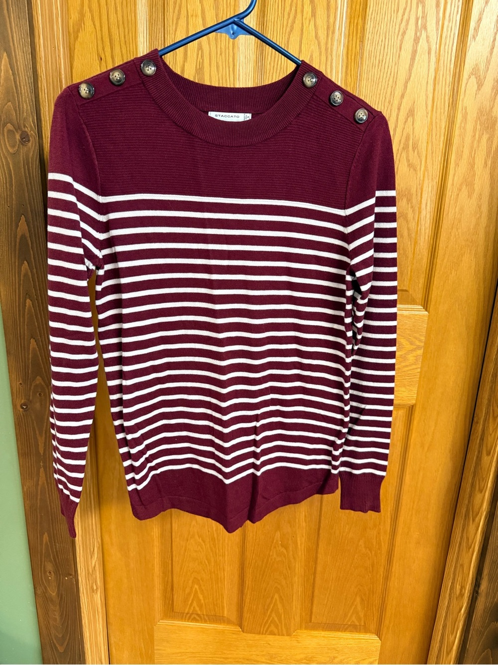 Staccato Burgundy & White Striped Button-Shoulder Crew Sweater NWOT